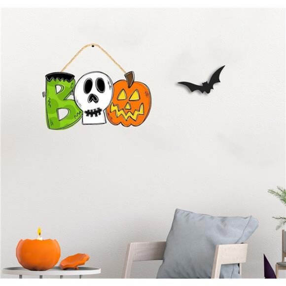 Halloween Decorations Wooden Door Sign for Front Door, Pumpkin BOO Sign Hanging - Picture 6 of 8